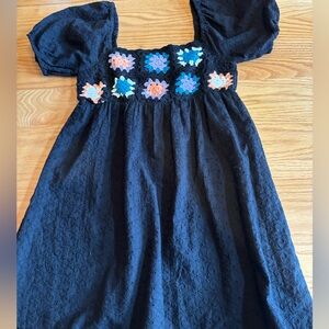 Le Lis Crochet Top Baby Doll Mini Dress XS Black Colorful Granny Squares Boho